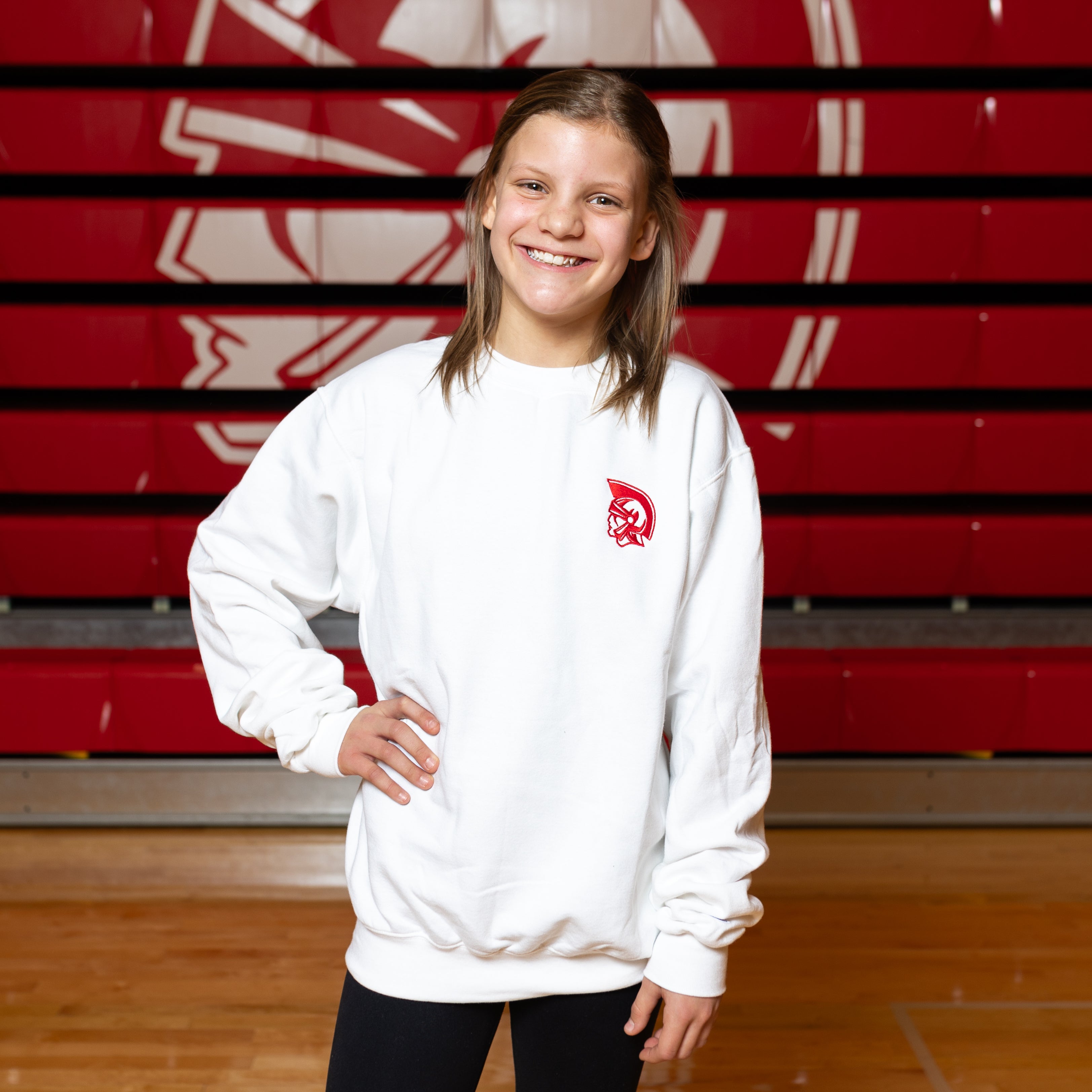 White Champion Trojan Head Crewneck