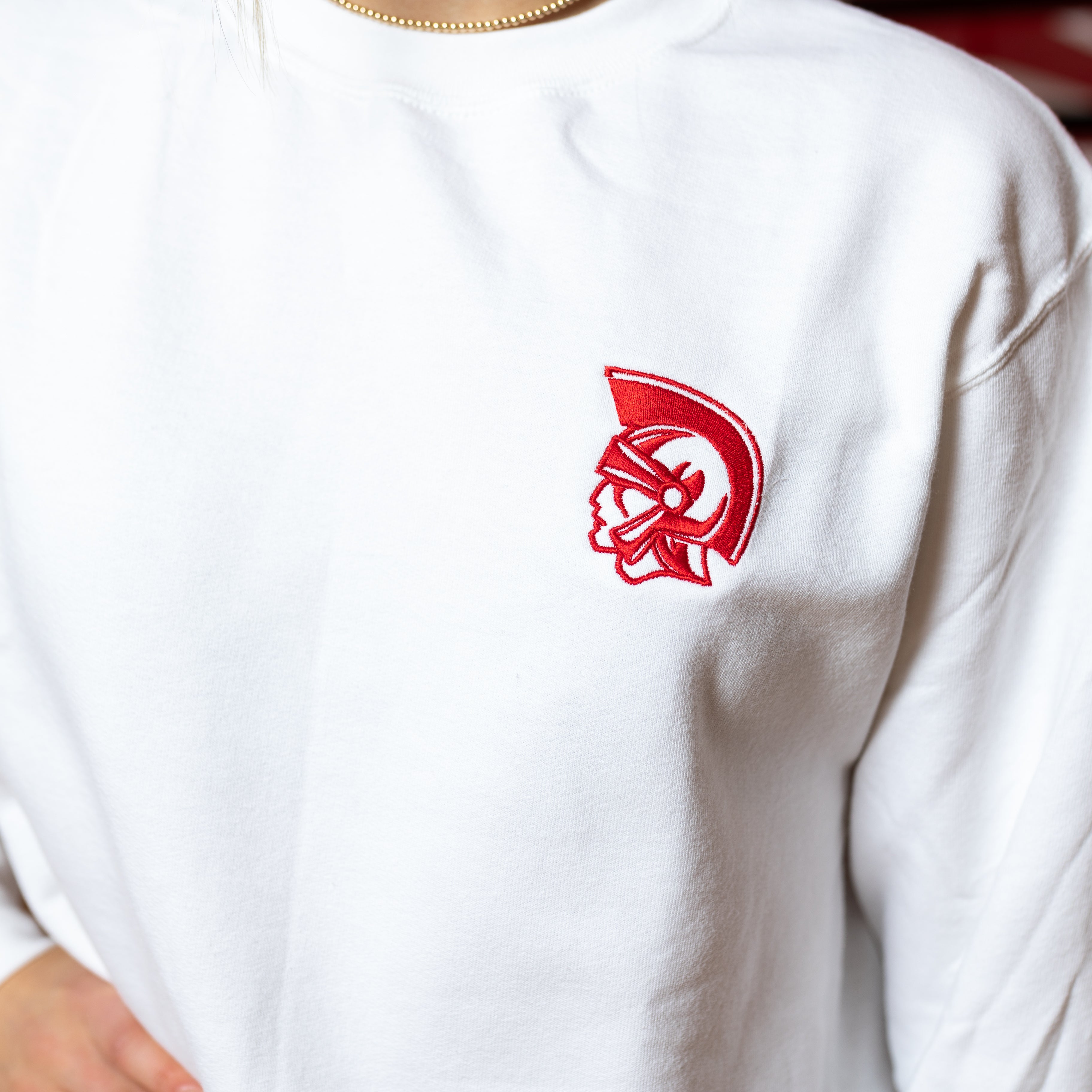 White Champion Trojan Head Crewneck