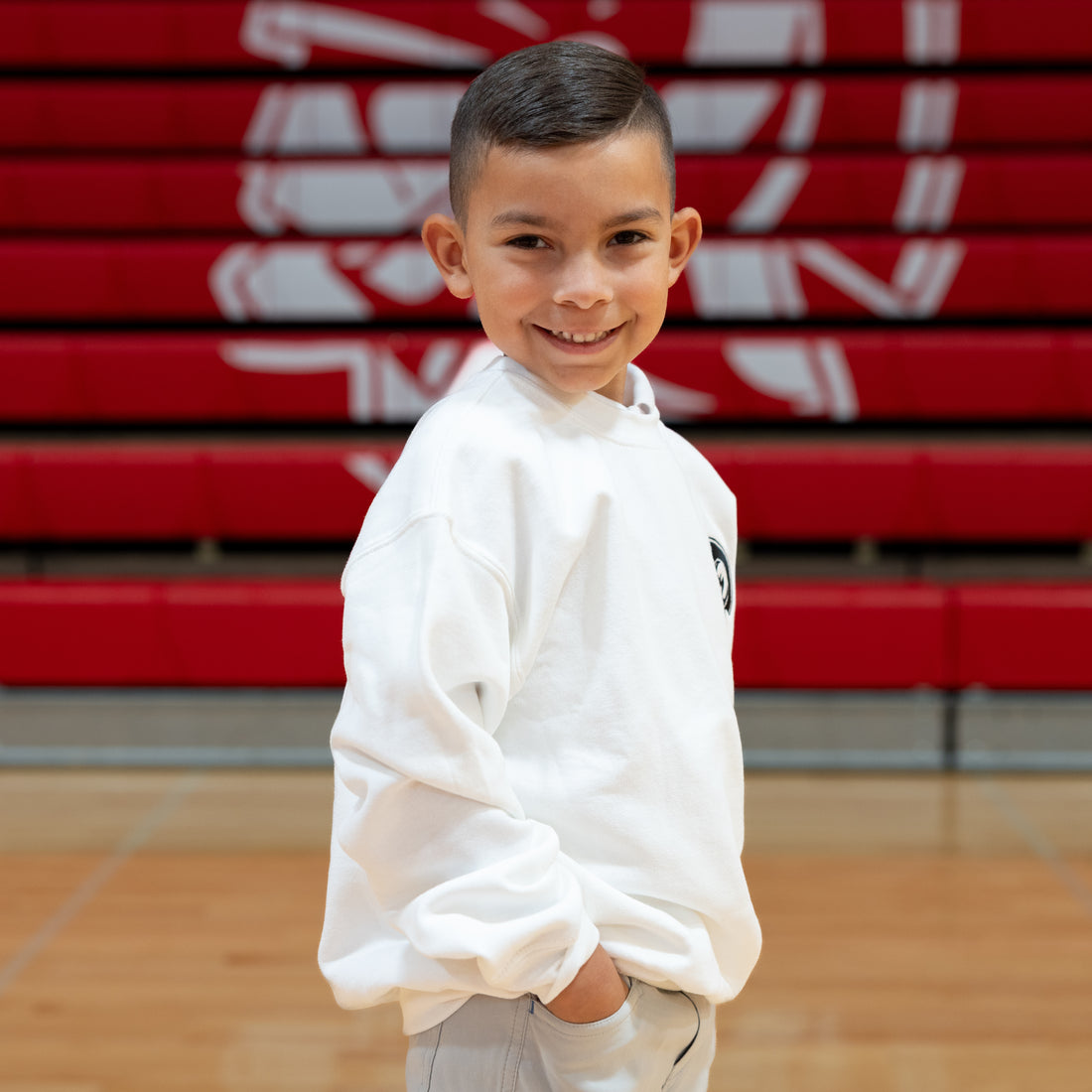 Youth White Trojan Head Crewneck