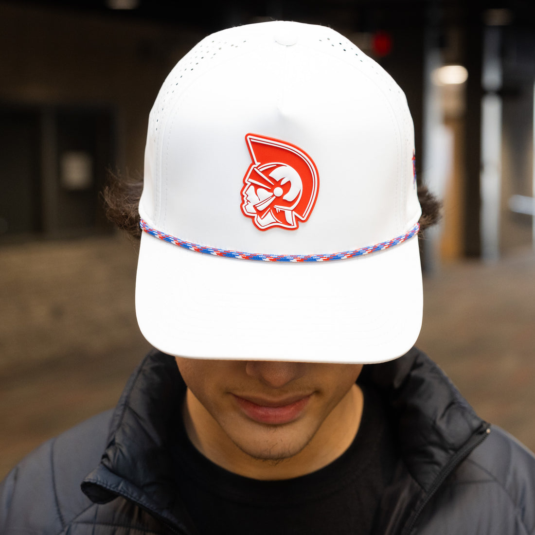 Red Trojan Head Hat (Red, White, &amp; Blue Rope)